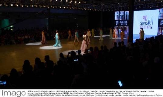 Pakistan Fashion Design Council Fashion Week in Lahore Pakistani models present creations of the famous designer MARIA.B on the first day of Pakistan Fashion Design Council (PFDC) Fashion Week.  RanaxSajidxHussain