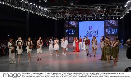 Pakistan Fashion Design Council Fashion Week in Lahore Pakistani models present creations of the famous designer MARIA.B on the first day of Pakistan Fashion Design Council (PFDC) Fashion Week.  RanaxSajidxHussain