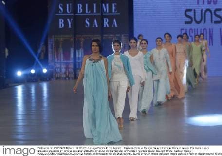 Pakistan Fashion Design Council Fashion Week in Lahore Pakistani model presents creations by famous designer SUBLIME by SARA on the first day of Pakistan Fashion Design Council (PFDC) Fashion Week.  RanaxSajidxHussain