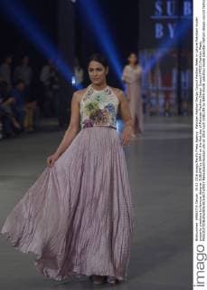 Pakistan Fashion Design Council Fashion Week in Lahore Pakistani model presents creations by famous designer SUBLIME by SARA on the first day of Pakistan Fashion Design Council (PFDC) Fashion Week.  RanaxSajidxHussain