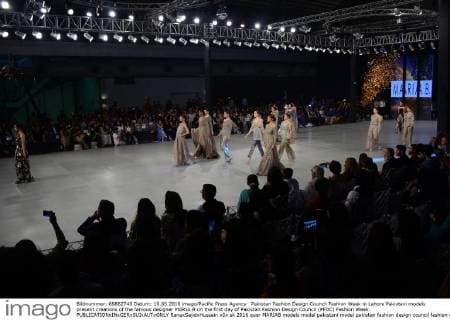 Pakistan Fashion Design Council Fashion Week in Lahore Pakistani models present creations of the famous designer MARIA.B on the first day of Pakistan Fashion Design Council (PFDC) Fashion Week.  RanaxSajidxHussain
