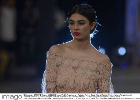 Pakistan Fashion Design Council Fashion Week in Lahore Pakistani model presents creations by famous designer SUBLIME by SARA on the first day of Pakistan Fashion Design Council (PFDC) Fashion Week.  RanaxSajidxHussain