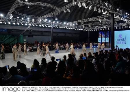 Pakistan Fashion Design Council Fashion Week in Lahore Pakistani models present creations of the famous designer MARIA.B on the first day of Pakistan Fashion Design Council (PFDC) Fashion Week.  RanaxSajidxHussain