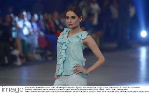 Pakistan Fashion Design Council Fashion Week in Lahore Pakistani model presents creations by famous designer SUBLIME by SARA on the first day of Pakistan Fashion Design Council (PFDC) Fashion Week.  RanaxSajidxHussain