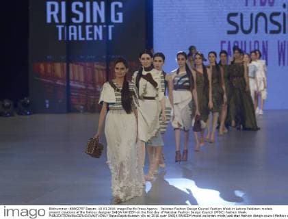 Pakistan Fashion Design Council Fashion Week in Lahore Pakistani models present creations of the famous designer SAIQA RAHEEM on the first day of Pakistan Fashion Design Council (PFDC) Fashion Week.  RanaxSajidxHussain