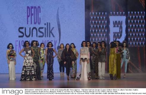Pakistan Fashion Design Council Fashion Week in Lahore Pakistani models present creations of the famous designer MUSE on the first day of Pakistan Fashion Design Council (PFDC) Fashion Week.  RanaxSajidxHussain