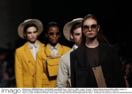March 11, 2016 - Lisbon, Portugal - Model presents Autumn Winter 2016 creation by designer Ruben Damasio during the 45rd edition of Moda Lisboa Fashion Week at the Patio da Gale on Terreiro do Paco Square in Lisbon on March 11, 2016. NURPHOTO CARLOS PALMA. Lisbon Portugal  - ZUMAn230