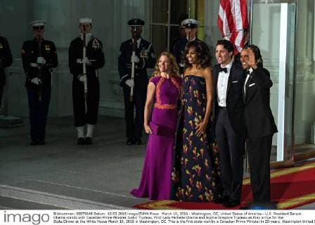 March 10, 2016 - Washington, DC, United States of America - U.S. President Barack Obama stands with Canadian Prime Minister Justin Trudeau, First Lady Michelle Obama and Sophie Gregoire Trudeau as they arrive for the State Dinner at the White House March 10, 2016 in Washington, DC. This is the first state visit by a Canadian Prime Minister in 20-years. Washington United States of America - ZUMAp138
