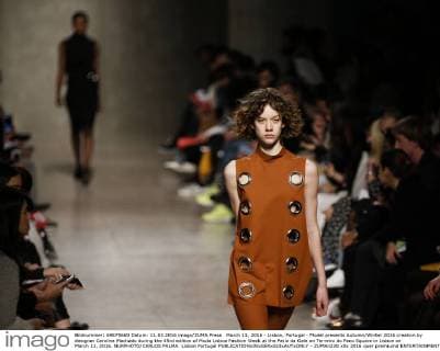 March 11, 2016 - Lisbon, Portugal - Model presents Autumn Winter 2016 creation by designer Carolina Machado during the 45rd edition of Moda Lisboa Fashion Week at the Patio da Gale on Terreiro do Paco Square in Lisbon on March 11, 2016. NURPHOTO CARLOS PALMA. Lisbon Portugal  - ZUMAn230