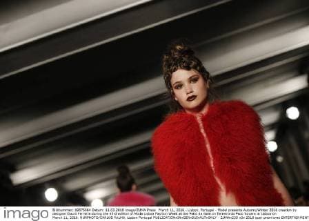 March 11, 2016 - Lisbon, Portugal - Model presents Autumn Winter 2016 creation by designer David Ferreira during the 45rd edition of Moda Lisboa Fashion Week at the Patio da Gale on Terreiro do Paco Square in Lisbon on March 11, 2016. NURPHOTO CARLOS PALMA. Lisbon Portugal  - ZUMAn230