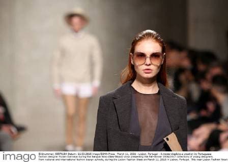 March 11, 2016 - Lisbon, Portugal - A model displays a creation by Portuguese fashion designer Ruben Damasio during the Sangue Novo (New Blood) show presenting the Fall-Winter 2016 2017 collections of young designers from national and international fashion design schools, during the Lisbon Fashion Week on March 11, 2016 in Lisbon, Portugal. This year Lisbon Fashion Week celebrates the 25th anniversary. Lisbon Portugal - ZUMAf123