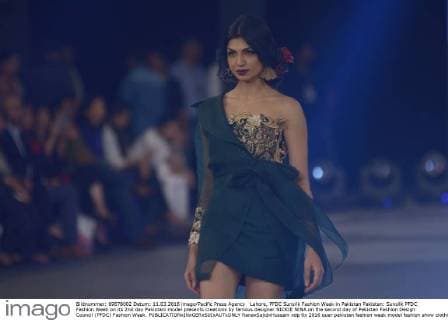 Lahore, PFDC Sunsilk Fashion Week in Pakistan Pakistan: Sunsilk PFDC Fashion Week on its 2nd day Pakistani model presents creations by famous designer NICKIE NINA on the second day of Pakistan Fashion Design Council (PFDC) Fashion Week.  RanaxSajidxHussain