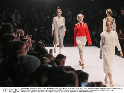 MOSCOW, RUSSIA. MARCH 11, 2016. Models showcase creations during a runway show for Russian fashion designer Ksenia Seraya s collection at the 2016 Mercedes Benz Fashion Week Russia at Manege Central Exhibition Hall. Sergei Bobylev TASS  TS01921D