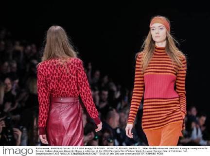 MOSCOW, RUSSIA. MARCH 11, 2016. Models showcase creations during a runway show for Russian fashion designer Alexander Rogov s collection at the 2016 Mercedes Benz Fashion Week Russia at Manege Central Exhibition Hall. Sergei Bobylev TASS  TS01921F