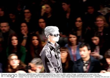March 11, 2016 - Lisbon, Portugal - A model presents a creation from the Portuguese fashion designer Valentim Quaresma Fall Winter 2016 2017 collection during the Lisbon Fashion Week on March 11, 2016 in Lisbon, Portugal. This year Lisbon Fashion Week celebrates the 25th anniversary. Lisbon Portugal - ZUMAf123