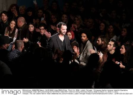 March 11, 2016 - Lisbon, Portugal - Portuguese fashion designer Valentim Quaresma acknowledges cheers after presenting the Fall Winter 2016 2017 collection during the Lisbon Fashion Week on March 11, 2016 in Lisbon, Portugal. This year Lisbon Fashion Week celebrates the 25th anniversary. Lisbon Portugal  - ZUMAn230