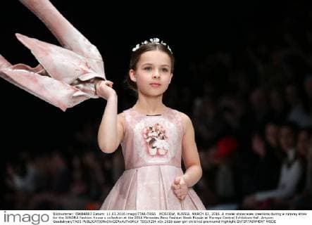 MOSCOW, RUSSIA. MARCH 12, 2016. A model showcases creations during a runway show for the JUNONA Fashion House s collection at the 2016 Mercedes Benz Fashion Week Russia at Manege Central Exhibition Hall. Artyom Geodakyan TASS  TS019294