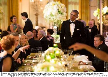 March 11, 2016 - Washington, DC, United States of America - U.S. President Barack Obama speaks with dinner guests during the State Dinner for Canadian Prime Minister Justin Trudeau in the East Room of the White House March 10, 2016 in Washington, DC. This is the first state visit by a Canadian Prime Minister in 20-years. Washington United States of America - ZUMAp138