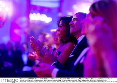 March 10, 2016 - Washington, DC, United States of America - U.S. President Barack Obama and First Lady Michelle Obama watch a performance during the entertainment portion of the State Dinner in honor of Canadian Prime Minister Justin Trudeau in the White House March 10, 2016 in Washington, DC. This is the first state visit by a Canadian Prime Minister in 20-years. Washington United States of America - ZUMAp138