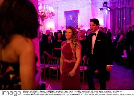March 11, 2016 - Washington, DC, United States of America - U.S. First Lady Michelle Obama prepares to bid farewell to Prime Minister Justin Trudeau and Sophie Gregoire Trudeau after the entertainment at the conclusion of the State Dinner in the White House March 10, 2016 in Washington, DC. This is the first state visit by a Canadian Prime Minister in 20-years. Washington United States of America - ZUMAp138