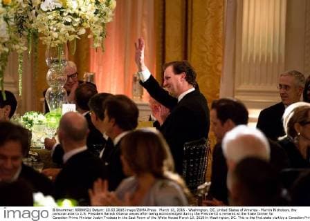March 10, 2016 - Washington, DC, United States of America - Marvin Nicholson, the personal aide to U.S. President Barack Obama waves after being acknowledged during the PresidentÃ s remarks at the State Dinner for Canadian Prime Minister Justin Trudeau in the East Room of the White House March 10, 2016 in Washington, DC. This is the first state visit by a Canadian Prime Minister in 20-years. Washington United States of America - ZUMAp138