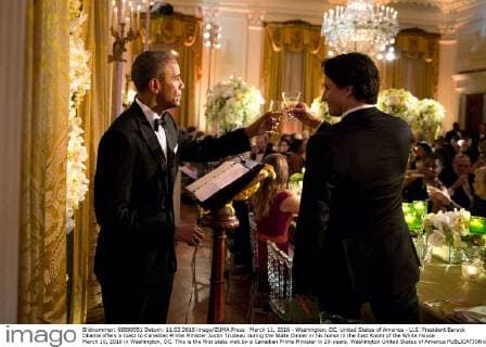 March 11, 2016 - Washington, DC, United States of America - U.S. President Barack Obama offers a toast to Canadian Prime Minister Justin Trudeau during the State Dinner in his honor in the East Room of the White House March 10, 2016 in Washington, DC. This is the first state visit by a Canadian Prime Minister in 20-years. Washington United States of America - ZUMAp138