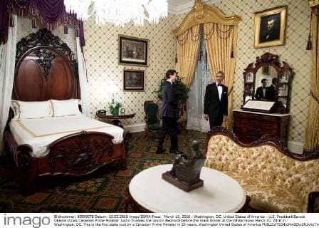 March 10, 2016 - Washington, DC, United States of America - U.S. President Barack Obama shows Canadian Prime Minister Justin Trudeau the Lincoln Bedroom before the State Dinner at the White House March 10, 2016 in Washington, DC. This is the first state visit by a Canadian Prime Minister in 20-years. Washington United States of America - ZUMAp138