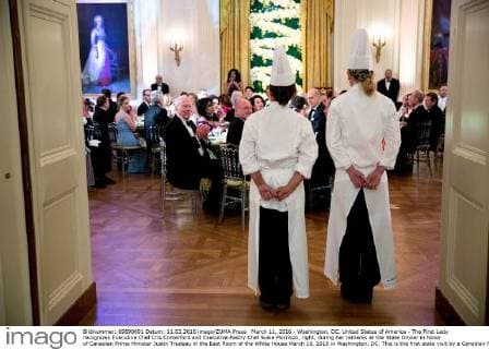 March 11, 2016 - Washington, DC, United States of America - The First Lady recognizes Executive Chef Cris Comerford and Executive Pastry Chef Susie Morrison, right, during her remarks at the State Dinner in honor of Canadian Prime Minister Justin Trudeau in the East Room of the White House March 10, 2016 in Washington, DC. This is the first state visit by a Canadian Prime Minister in 20-years. Washington United States of America - ZUMAp138