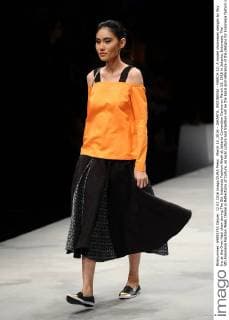 March 12, 2016 - JAKARTA, INDONESIA - MARCH 12: A model showcases designs by Sky Inc at the Over Haul show during The 5th Indonesia Fashion Week at Jakarta Convention Centre on March 12, 2016 in Jakarta, Indonesia. The 5th Indonesia Fashion Week theme is Reflections of Culture, as local culture and tradition will be the basis and reference of the designs for Indonesia fashion design trend that would be able to carve Indonesia identity in the world of fashion that reflects its own culture. Indonesia hope to become the central of world fashion with modern designs in a variety of textures and colors. - ZUMAp112