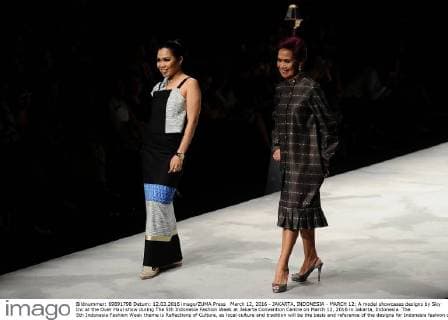 March 12, 2016 - JAKARTA, INDONESIA - MARCH 12: A model showcases designs by Sky Inc at the Over Haul show during The 5th Indonesia Fashion Week at Jakarta Convention Centre on March 12, 2016 in Jakarta, Indonesia. The 5th Indonesia Fashion Week theme is Reflections of Culture, as local culture and tradition will be the basis and reference of the designs for Indonesia fashion design trend that would be able to carve Indonesia identity in the world of fashion that reflects its own culture. Indonesia hope to become the central of world fashion with modern designs in a variety of textures and colors. - ZUMAp112