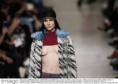 March 12, 2016 - Lisbon, Portugal - Model presents Autumn Winter 2016 creation by designer Ricardo Andrez during the 45rd edition of Moda Lisboa Fashion Week at the Patio da Gale on Terreiro do Paco Square in Lisbon on March 12, 2016. NURPHOTO CARLOS PALMA. Lisbon Portugal  - ZUMAn230