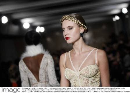 March 12, 2016 - Lisbon, Portugal - Model presents Autumn Winter 2016 creation by designer Rose Palhares during the 45rd edition of Moda Lisboa Fashion Week at the Patio da Gale on Terreiro do Paco Square in Lisbon on March 12, 2016. NURPHOTO CARLOS PALMA. Lisbon Portugal  - ZUMAn230