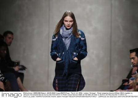 March 12, 2016 - Lisbon, Portugal - Model presents Autumn Winter 2016 creation by designer Christophe Sauvat during the 45rd edition of Moda Lisboa Fashion Week at the Patio da Gale on Terreiro do Paco Square in Lisbon on March 12, 2016. NURPHOTO CARLOS PALMA. Lisbon Portugal  - ZUMAn230