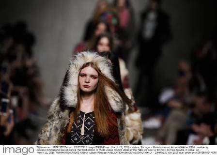 March 12, 2016 - Lisbon, Portugal - Models present Autumn Winter 2016 creation by designer Christophe Sauvat during the 45rd edition of Moda Lisboa Fashion Week at the Patio da Gale on Terreiro do Paco Square in Lisbon on March 12, 2016. NURPHOTO CARLOS PALMA. Lisbon Portugal  - ZUMAn230