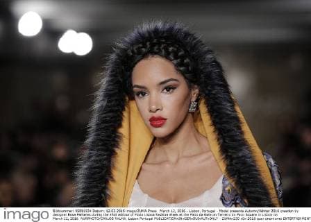March 12, 2016 - Lisbon, Portugal - Model presents Autumn Winter 2016 creation by designer Rose Palhares during the 45rd edition of Moda Lisboa Fashion Week at the Patio da Gale on Terreiro do Paco Square in Lisbon on March 12, 2016. NURPHOTO CARLOS PALMA. Lisbon Portugal  - ZUMAn230