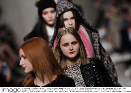March 12, 2016 - Lisbon, Portugal - Models present Autumn Winter 2016 creation by designer Christophe Sauvat during the 45rd edition of Moda Lisboa Fashion Week at the Patio da Gale on Terreiro do Paco Square in Lisbon on March 12, 2016. NURPHOTO CARLOS PALMA. Lisbon Portugal  - ZUMAn230