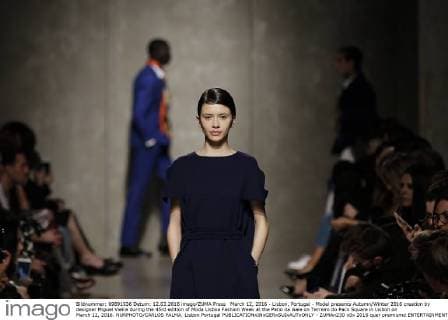 March 12, 2016 - Lisbon, Portugal - Model presents Autumn Winter 2016 creation by designer Miguel Vieira during the 45rd edition of Moda Lisboa Fashion Week at the Patio da Gale on Terreiro do Paco Square in Lisbon on March 12, 2016. NURPHOTO CARLOS PALMA. Lisbon Portugal  - ZUMAn230