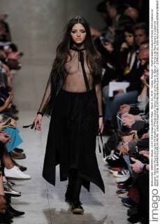 March 12, 2016 - Lisbon, Portugal - Model presents Autumn Winter 2016 creation by designer Alexandra Moura during the 45rd edition of Moda Lisboa Fashion Week at the Patio da Gale on Terreiro do Paco Square in Lisbon on March 12, 2016. NURPHOTO CARLOS PALMA. Lisbon Portugal  - ZUMAn230
