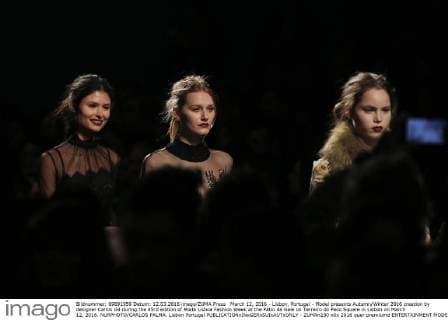 March 12, 2016 - Lisbon, Portugal - Model presents Autumn Winter 2016 creation by designer Carlos Gil during the 45rd edition of Moda Lisboa Fashion Week at the Patio da Gale on Terreiro do Paco Square in Lisbon on March 12, 2016. NURPHOTO CARLOS PALMA. Lisbon Portugal  - ZUMAn230