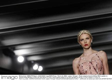 March 12, 2016 - Lisbon, Portugal - Model presents Autumn Winter 2016 creation by designer Rose Palhares during the 45rd edition of Moda Lisboa Fashion Week at the Patio da Gale on Terreiro do Paco Square in Lisbon on March 12, 2016. NURPHOTO CARLOS PALMA. Lisbon Portugal  - ZUMAn230