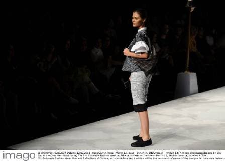 March 12, 2016 - JAKARTA, INDONESIA - MARCH 12: A model showcases designs by Sky Inc at the Over Haul show during The 5th Indonesia Fashion Week at Jakarta Convention Centre on March 12, 2016 in Jakarta, Indonesia. The 5th Indonesia Fashion Week theme is Reflections of Culture, as local culture and tradition will be the basis and reference of the designs for Indonesia fashion design trend that would be able to carve Indonesia identity in the world of fashion that reflects its own culture. Indonesia hope to become the central of world fashion with modern designs in a variety of textures and colors. - ZUMAp112
