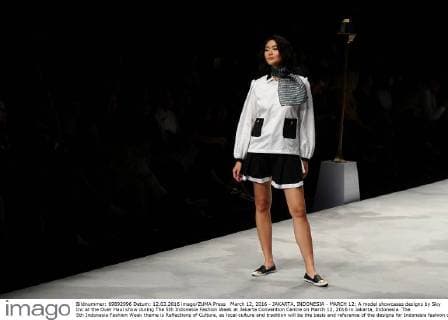 March 12, 2016 - JAKARTA, INDONESIA - MARCH 12: A model showcases designs by Sky Inc at the Over Haul show during The 5th Indonesia Fashion Week at Jakarta Convention Centre on March 12, 2016 in Jakarta, Indonesia. The 5th Indonesia Fashion Week theme is Reflections of Culture, as local culture and tradition will be the basis and reference of the designs for Indonesia fashion design trend that would be able to carve Indonesia identity in the world of fashion that reflects its own culture. Indonesia hope to become the central of world fashion with modern designs in a variety of textures and colors. - ZUMAp112
