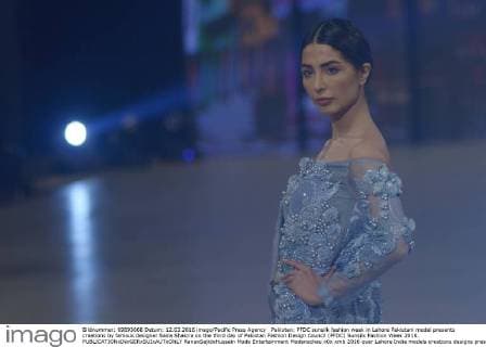 Pakistan: PFDC sunsilk fashion week in Lahore Pakistani model presents creations by famous designer Saira Shakira on the third day of Pakistan Fashion Design Council (PFDC) Sunsilk Fashion Week 2016.  RanaxSajidxHussain