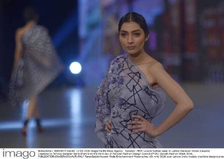 Pakistan: PFDC sunsilk fashion week in Lahore Pakistani model presents creations by famous designer Saira Shakira on the third day of Pakistan Fashion Design Council (PFDC) Sunsilk Fashion Week 2016.  RanaxSajidxHussain