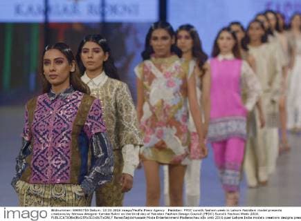 Pakistan: PFDC sunsilk fashion week in Lahore Pakistani model presents creations by famous designer Kamiar Rokni on the third day of Pakistan Fashion Design Council (PFDC) Sunsilk Fashion Week 2016.  RanaxSajidxHussain