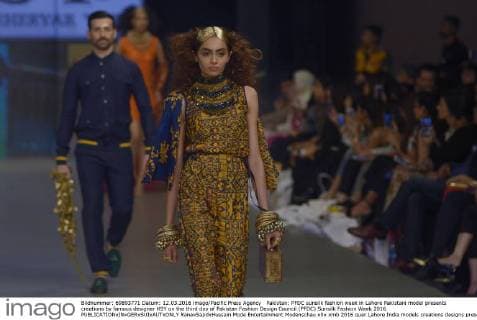 Pakistan: PFDC sunsilk fashion week in Lahore Pakistani model presents creations by famous designer HSY on the third day of Pakistan Fashion Design Council (PFDC) Sunsilk Fashion Week 2016.  RanaxSajidxHussain