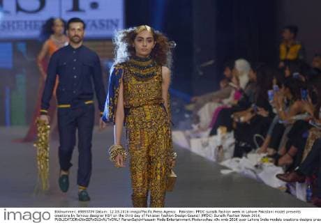 Pakistan: PFDC sunsilk fashion week in Lahore Pakistani model presents creations by famous designer HSY on the third day of Pakistan Fashion Design Council (PFDC) Sunsilk Fashion Week 2016.  RanaxSajidxHussain