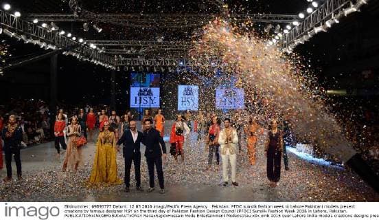 Pakistan: PFDC sunsilk fashion week in Lahore Pakistani models present creations by famous designer HSY on the third day of Pakistan Fashion Design Council (PFDC) Sunsilk Fashion Week 2016 in Lahore, Pakistan.  RanaxSajidxHussain