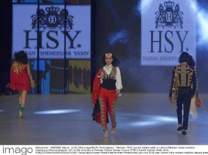 Pakistan: PFDC sunsilk fashion week in Lahore Pakistani model presents creations by famous designer HSY on the third day of Pakistan Fashion Design Council (PFDC) Sunsilk Fashion Week 2016.  RanaxSajidxHussain