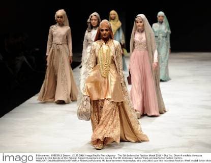 The 5th Indonesian Fashion Week 2016 - Sky Inc. Show A models showcase designs by Ria Baraba at the Panutan Ragam Nusantara show during The 5th Indonesia Fashion Week at Jakarta Convention Centre.  RobertusxPudyanto